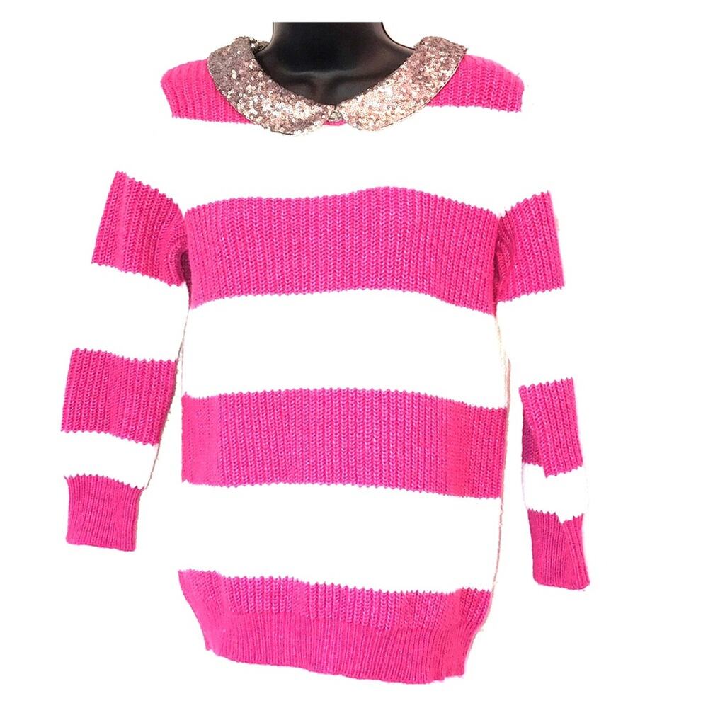 Pim + Larkin Wool Blend‎ Striped Sweater Pink & White Sequin Peter Pan Collar S